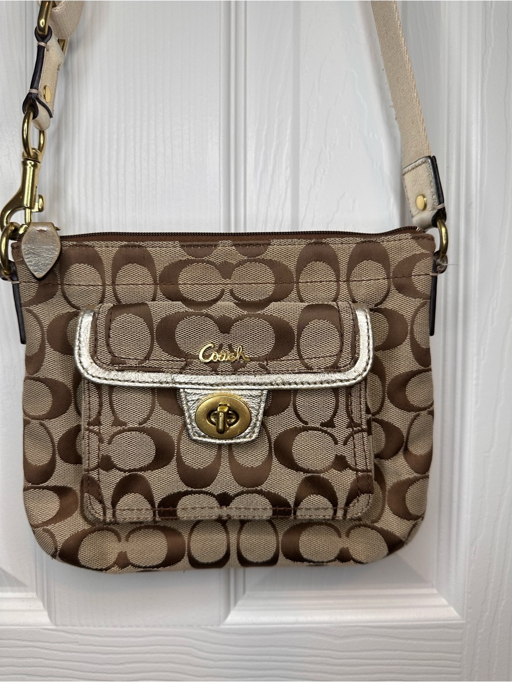 Vintage Coach Tan and Brown Signature Jacquard Crossbody with Metallic Trim
